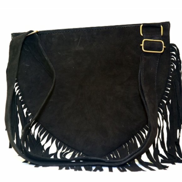 Black and Olive Suede Fringed Crossbody Bag - Picture 4 of 4
